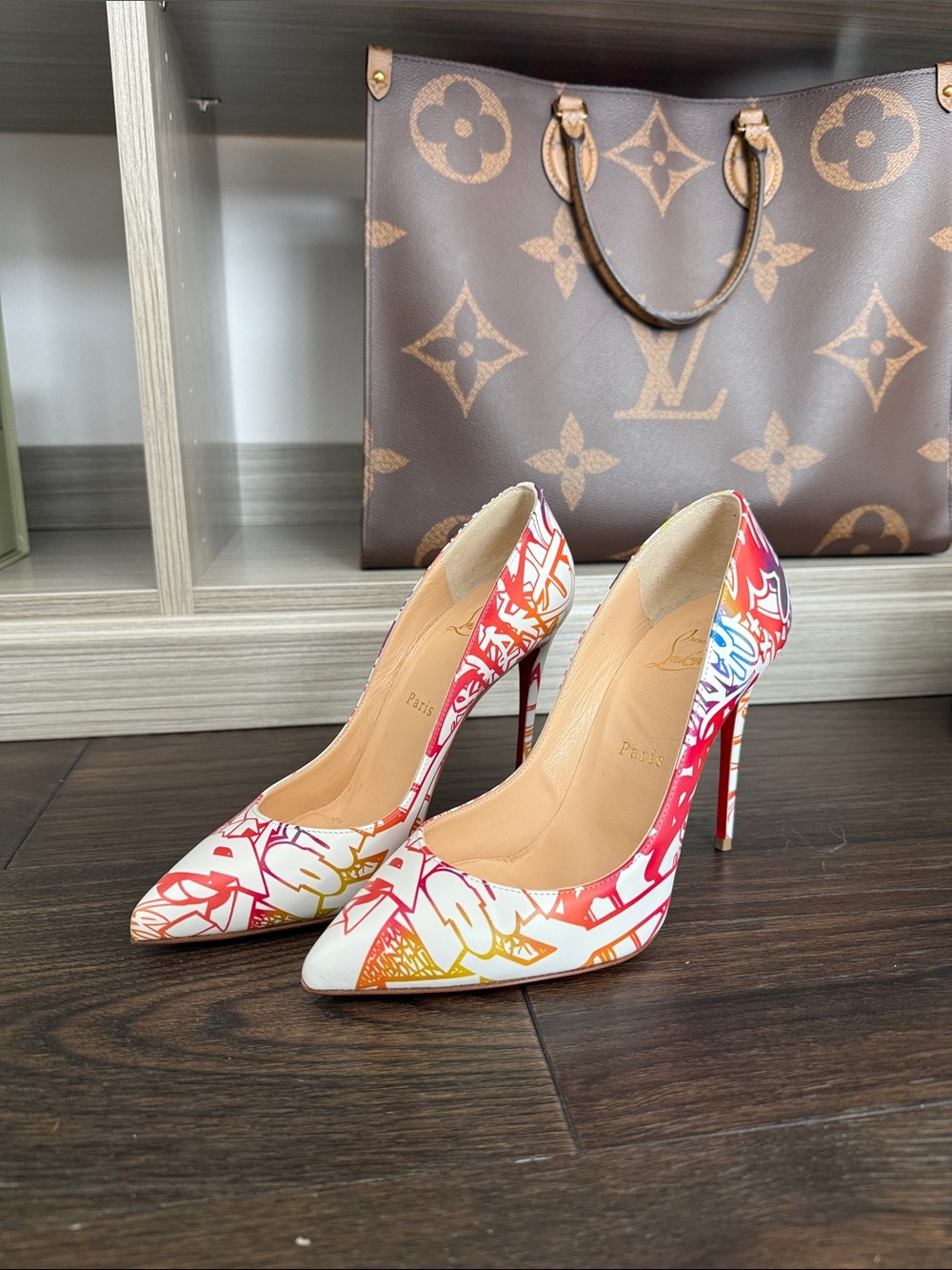 Christian Louboutin White Multicolor Graffiti Pointed Toe Stilettos